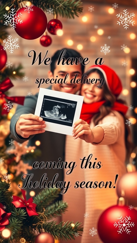 A Christmas card announcing a pregnancy with a couple holding a sonogram, decorated with holiday elements.